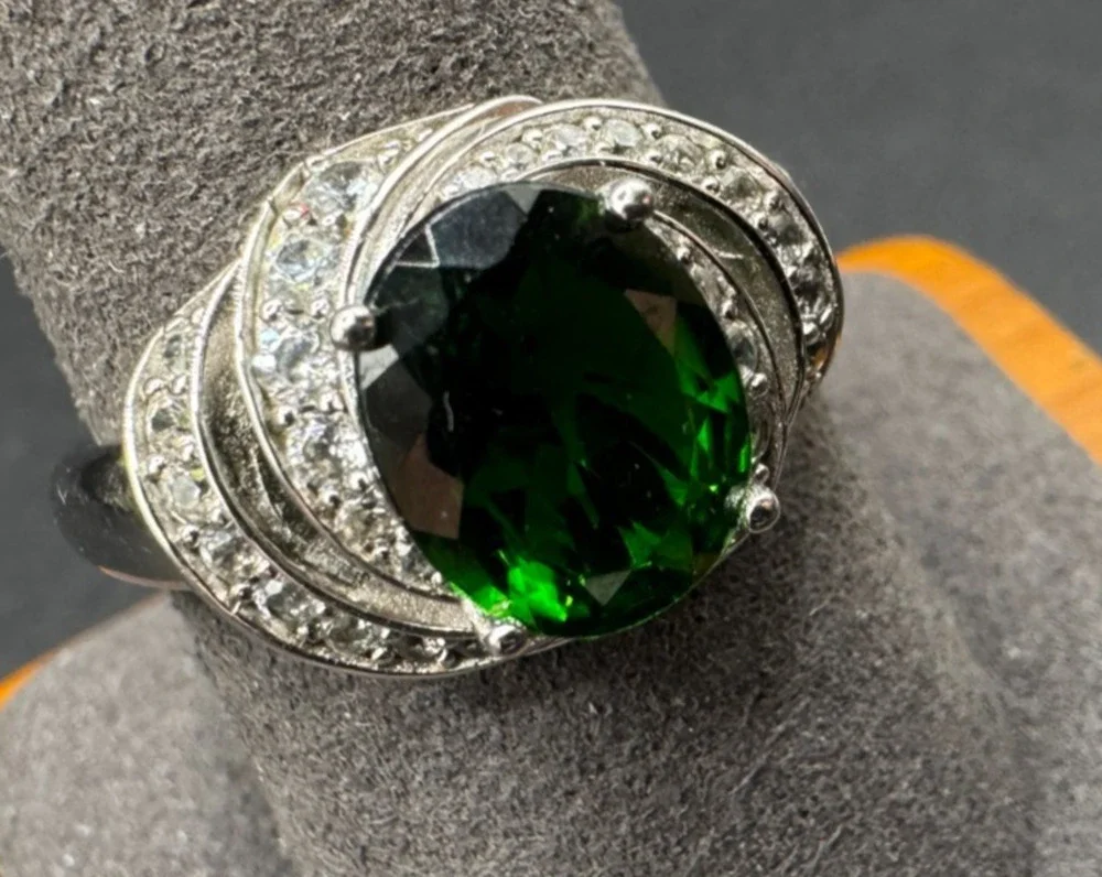BYJ signed Sterling Silver 925 Oval Dark Green Cubic Zirconia Ring Sz 10